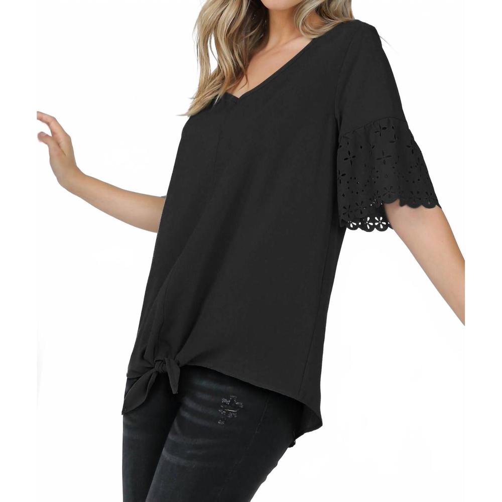 NEW SHOP BASIC laser cut short sleeve v neck top with tie in black